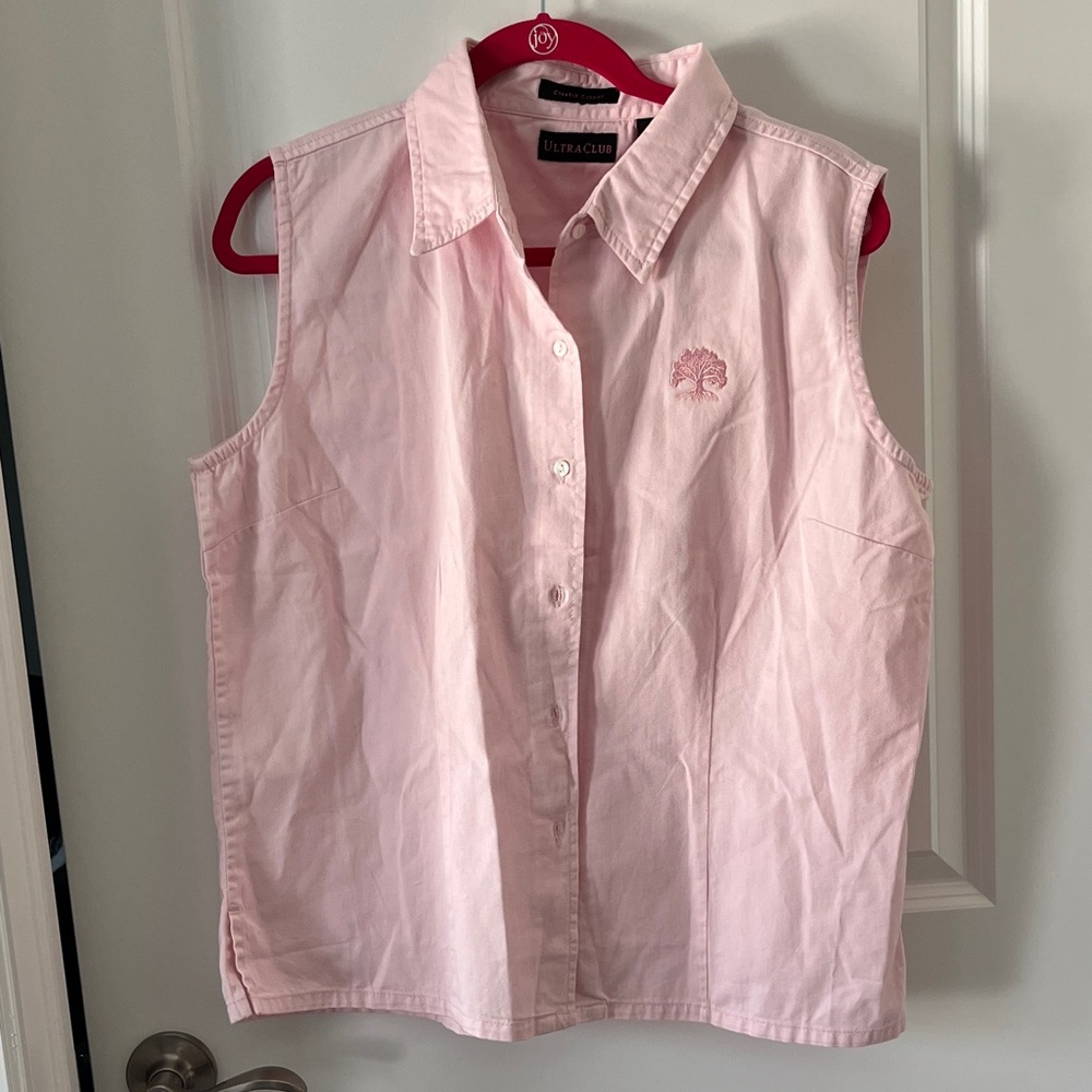 Ultraclub Sleeveless Cypress Tree Embroidered Button-Up pink Denim or